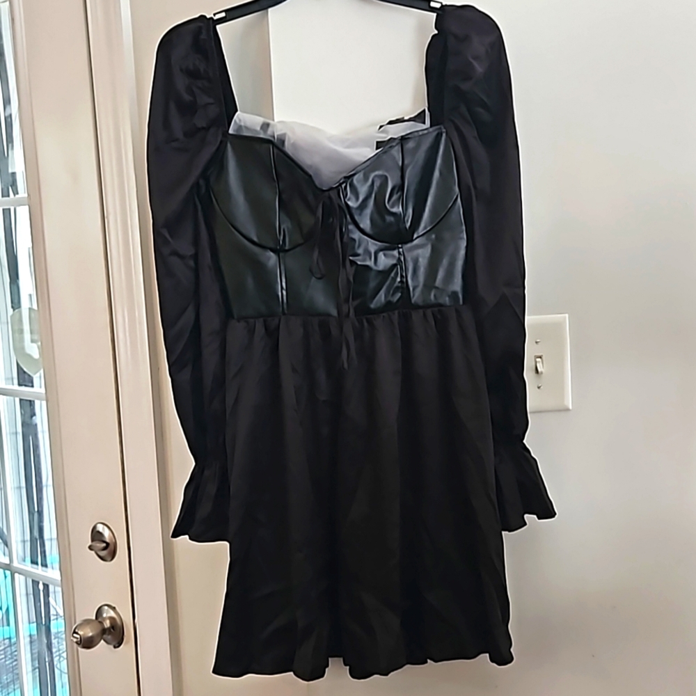 Black satin bustier style flounce sleeve above knee mini dress size Medium NWT
